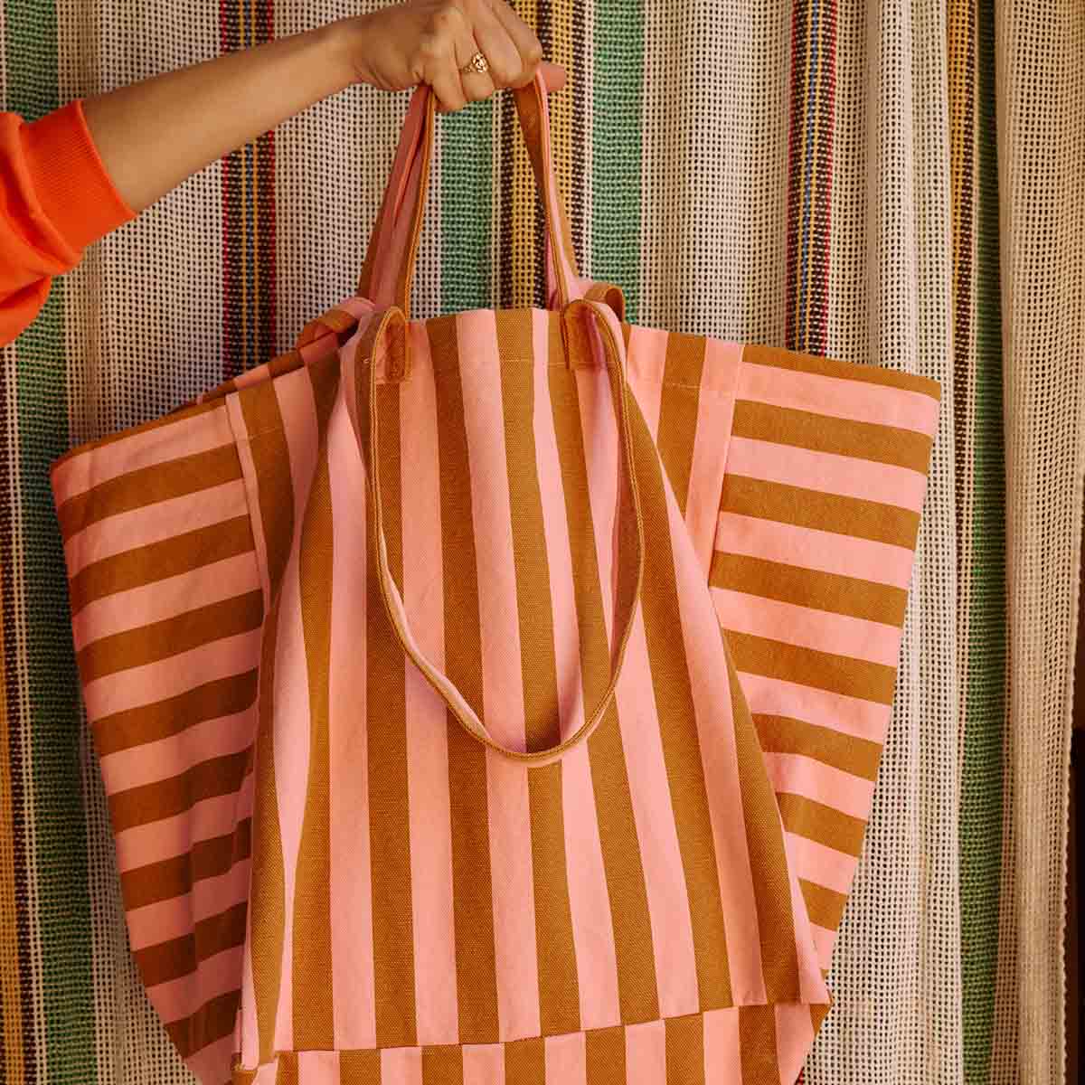 Tasche gestreift - Karamell/Erdbeere