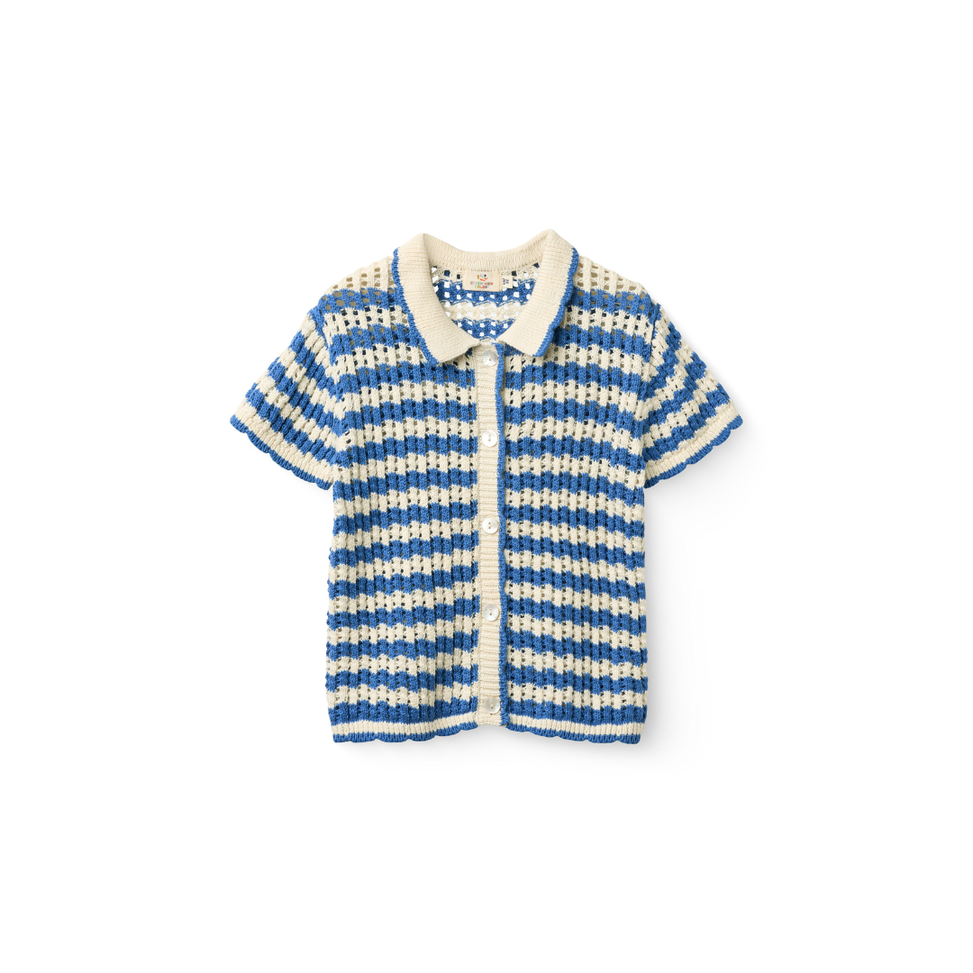 Strickshirt kurzarm- Ocean Blue/Cream