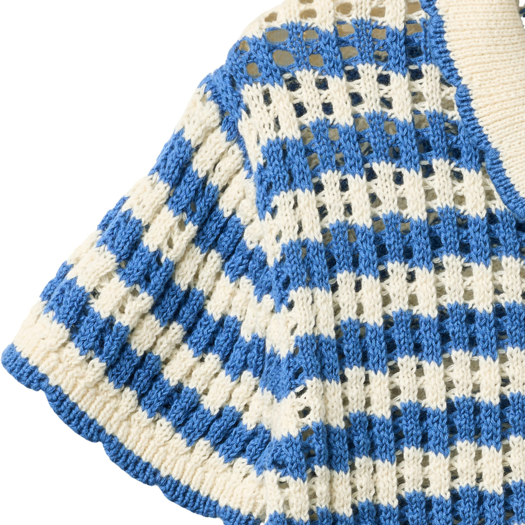 Strickshirt kurzarm- Ocean Blue/Cream