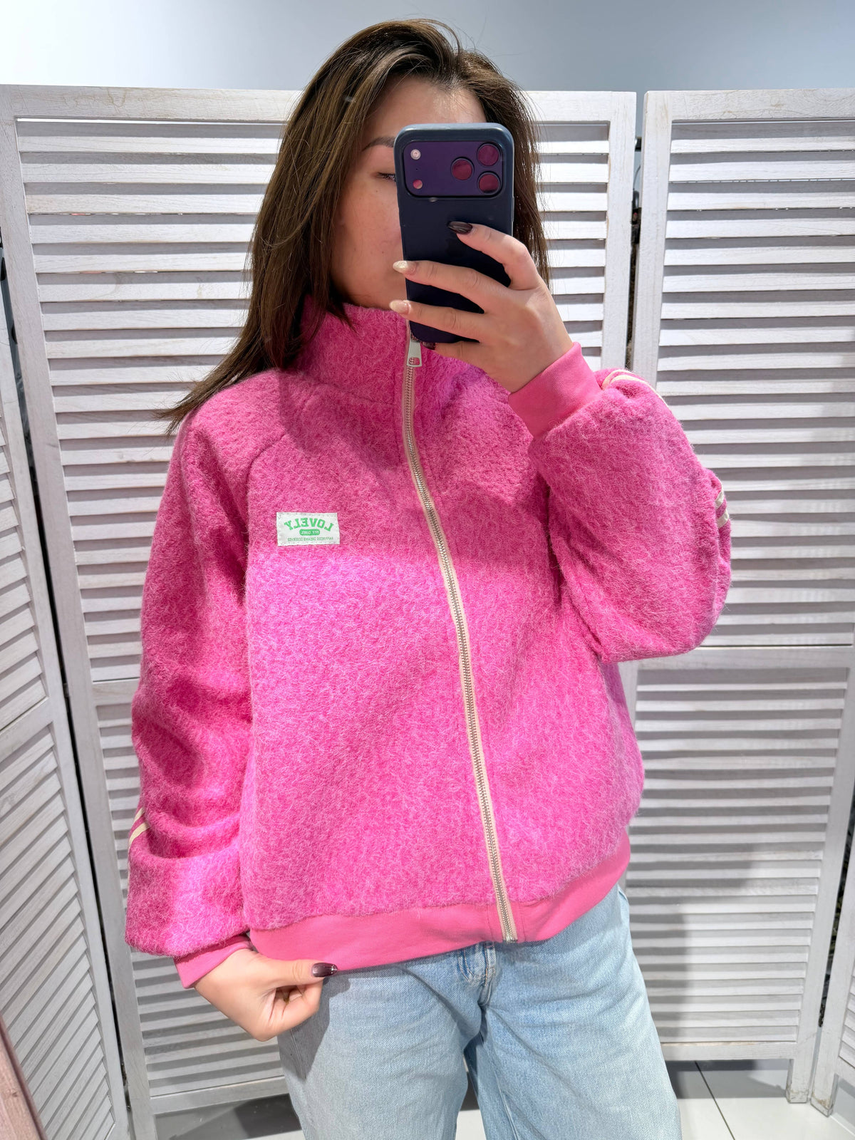 Jacke mit Reissverschluss aus Bouclé-Strick - pink