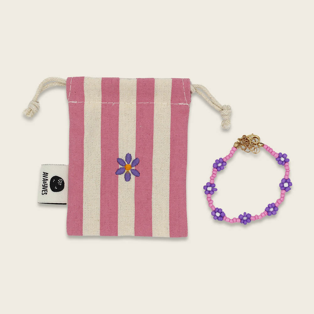 Perlenarmband Blumen pink/lila mit Säckchen