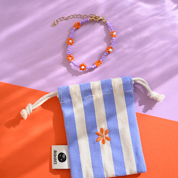 Perlenarmband Blumen lila/orange