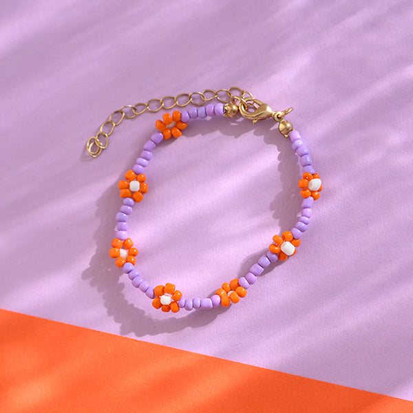 Perlenarmband Blumen lila/orange