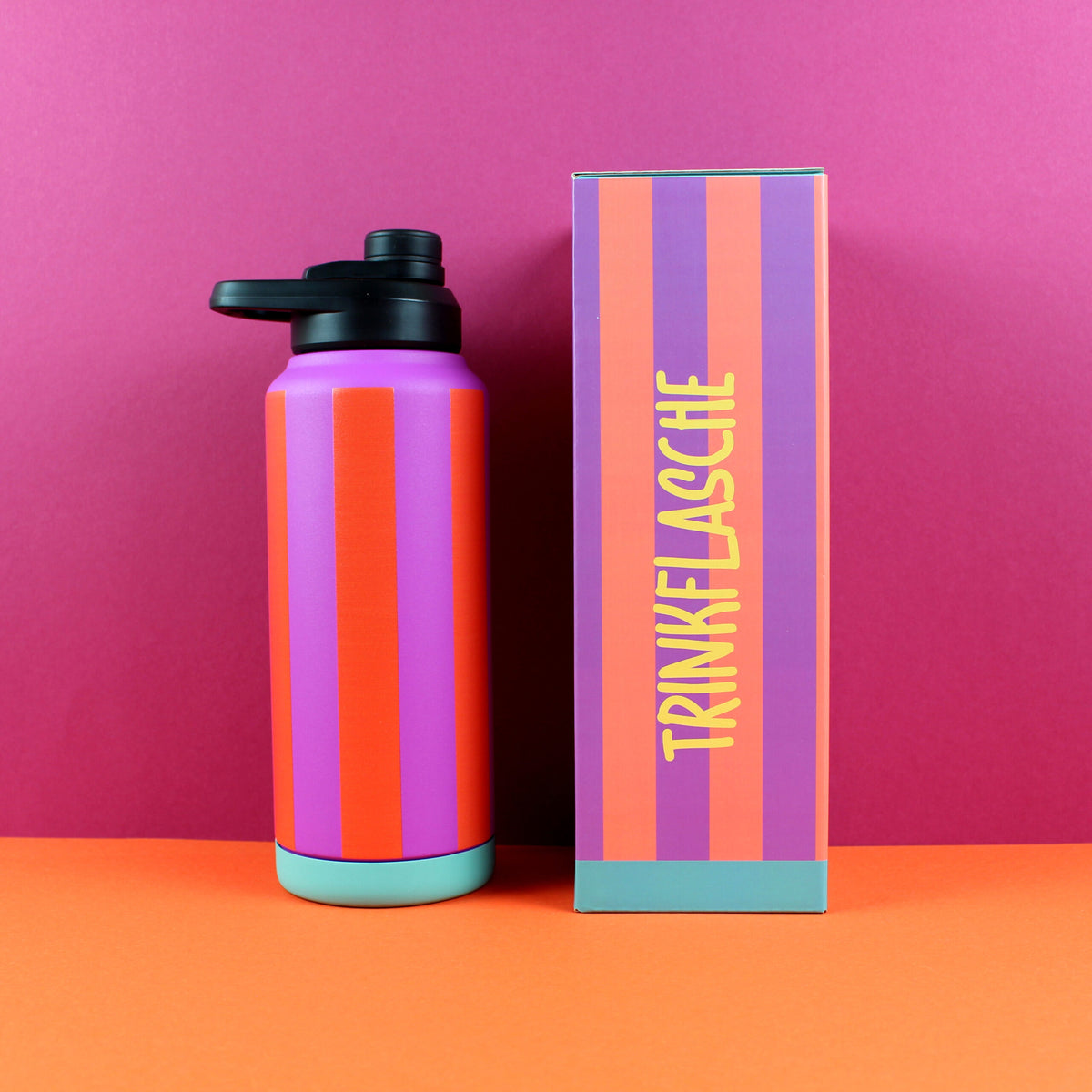 Trinkflasche Stripes 1L - fuchsia/feuerrot/petrol,
