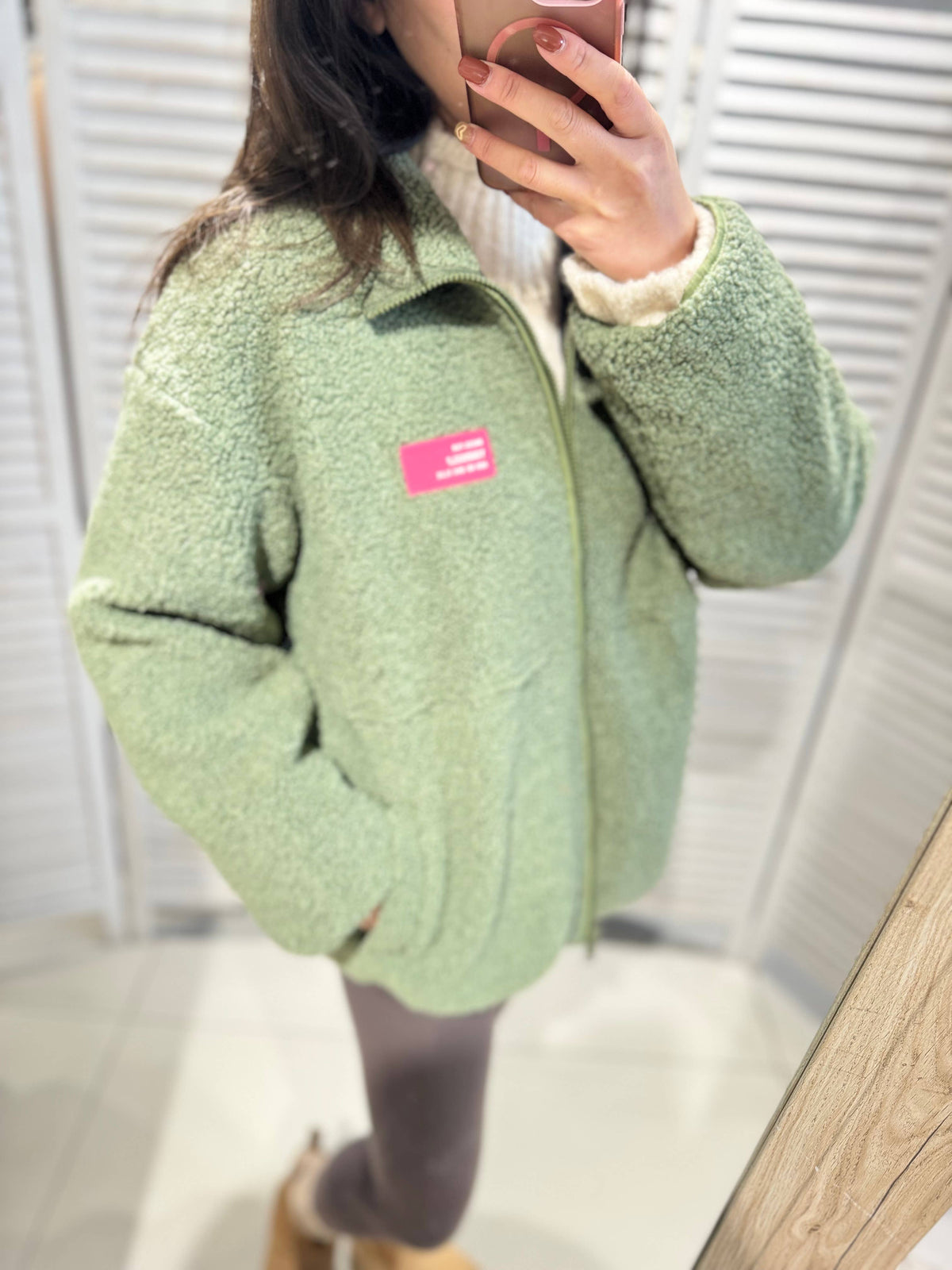 Plüsch-Reissverschlussjacke - Khaki