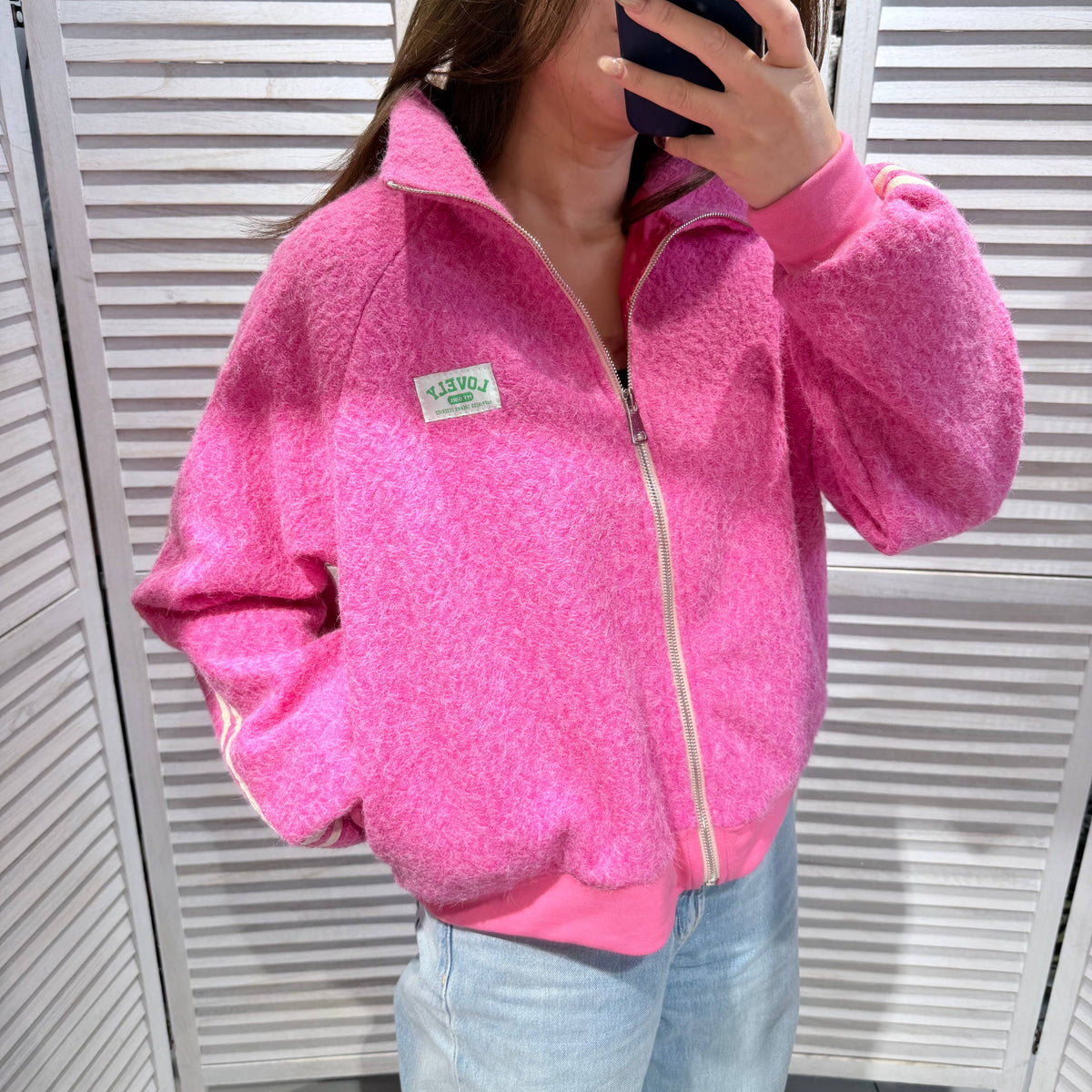 Jacke mit Reissverschluss aus Bouclé-Strick - pink
