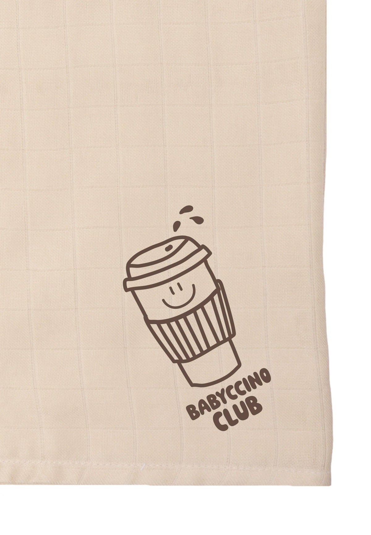Premium-Musselintuch in beige, groß mit Print "Babyccino Club"